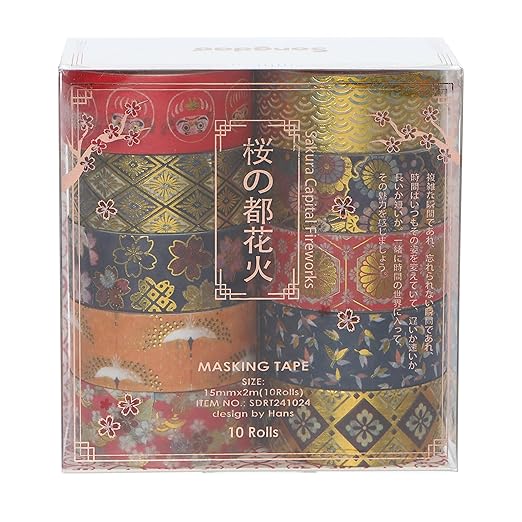 10 Rolls Sakura Washi Tape Set Japanese Arts Adhesive Tapes Gold Silver Foil Decorative Masking Tape Sets for Craft, Kids, Scrapbook, DIY, Gift Wrapping (Golden Kimono)