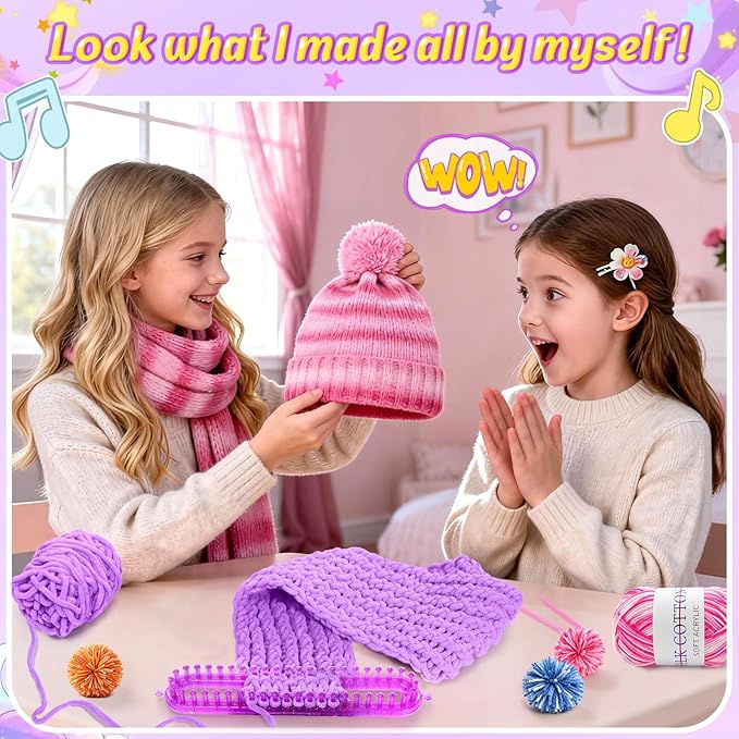 MIAOKE Weaving Loom Kit for Scarf with Pompom Maker, Long Knitting Loom Includes Storage Bag, Binding Needles, Yarn and Crochet Hooks, for Making Hats,Gloves and Blanket,DIY Craft Kit for Beginners
