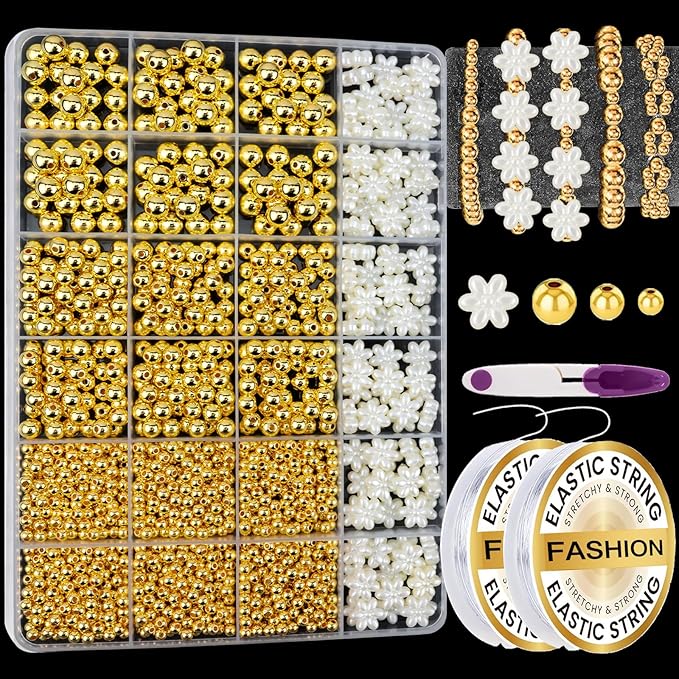 1740 Pcs Gold Beads for Jewelry Making Pearl Flower Beads for Bracelet Making Kit Mixed Sizes Gold Bracelet Spacer Bead Charms Necklace Earrings DIY Craft for Women Adult Small Bead for Crafts