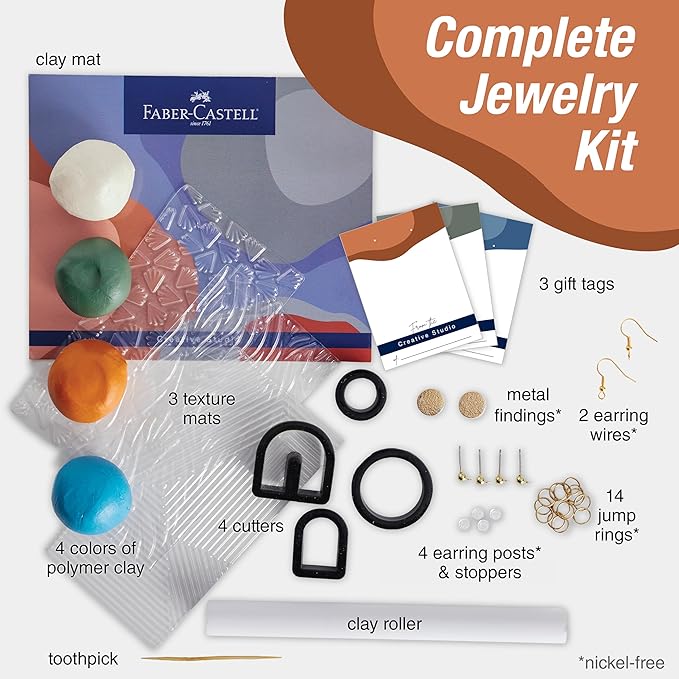 Faber-Castell Texture Clay Earring Making Kit: Create 3 Polymer Clay Earrings, Adult Crafts, Crafts for Teens, Hobbies for Women and DIY Kits for Adults (Ages 14+)