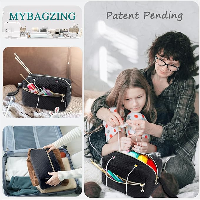 Small Crochet Bag Organizer - Knitting Yarn Storage for Crocheting Holder Accessories, Needles, Hooks, Gifts, Black, (AM370)