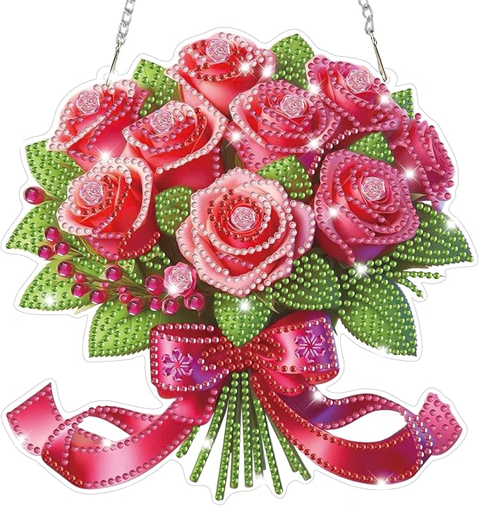 Bowetile Valentine's Day Diamond Art Hanging Kits for Adults, Diamond Art Suncatchers Pink Roses, 5D Special Shape Diamond Painting Flowers Pendant Window Ornament Gifts for Home Door Wall Decor