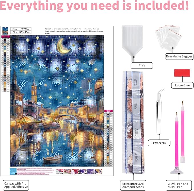 GEEHEIY Venice Diamond Art Kits for Adults, Starry Night 5D Diamond Painting Kits for Beginner, DIY Full Drill Round Gem Art for Home Wall Decor 12 x16 Inch