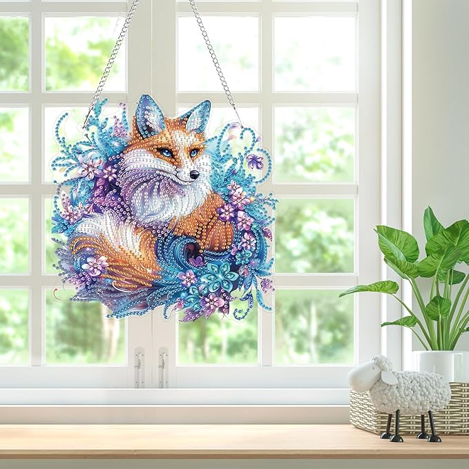 Bowetile Fox Diamond Art Hanging Kits for Adults, 5D Special Shape Diamond Painting Animal Pendant Kits, Gem Art Suncatchers Painting Window Ornament for Home Garden Wall Decor