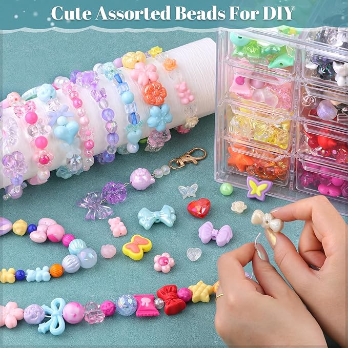 210-270PCS TINKRSTUFF Assorted Acrylic Beads, 4 Colors Mixed Cute Beads for Bracelet Making, Bow Flower GummyBear Kawaii Charms, Aesthetic Bead for Necklace Keychain Jewelry Making DIY Phone Charm
