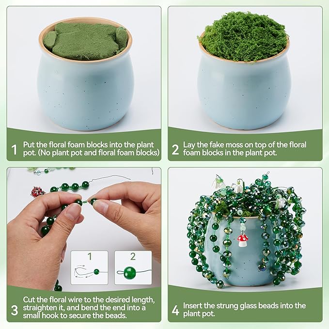 Green Glass Beaded Plant Kit, Forever Plant Beaded Leaf Flower Beads for Succulent Plant Jewelry Making and DIY Crafts