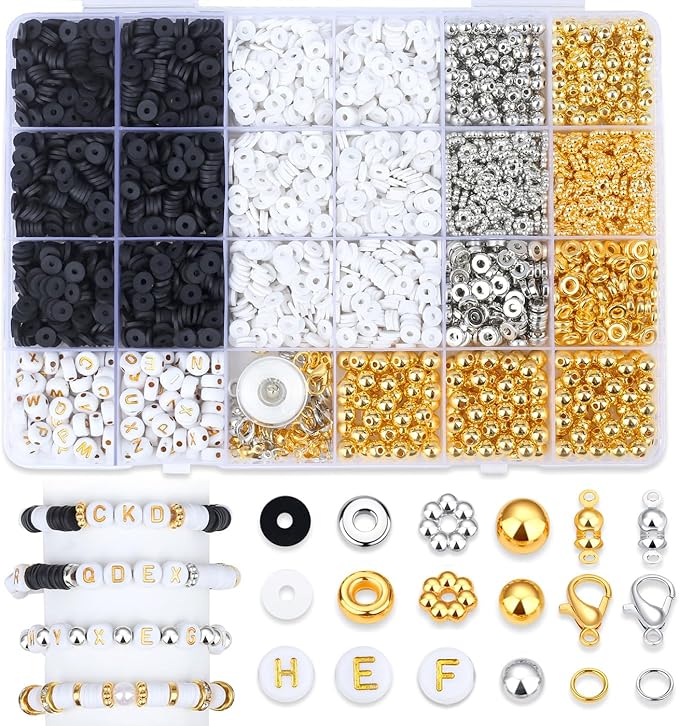DUQGUHO Clay Beads Bracelet Making Kit for Adults 2940 Pcs, Clay Beads for Bracelets Making 6mm, Black and White Bead Kits for Jewelry DIY