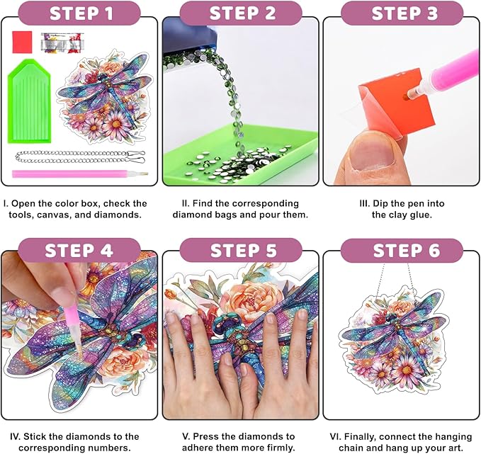 Roneenz Diamond Painting Kits Hanging Pendant, Floral Dragonfly Hanging Diamonds Art kit for Adults, Special Shaped DIY 5D Art Window Decor, Home Garden Room Decor Gifts for Women and Girls