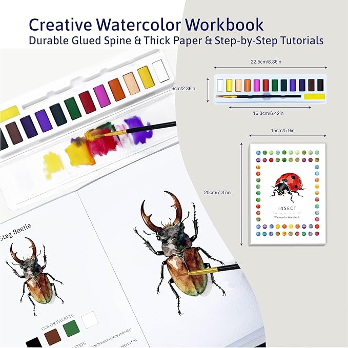 Watercolor Workbook Creative Insect Water color Paint Book Set with Paints & Brush, 12 Patterns of Original DIY Designs, Beginner-Friendly Adult Coloring Books (Insect)