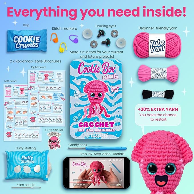 Cookie Box MINIs Crochet Kit for Beginners – Gift Set to Make Squid Inky Amigurumi Plushie – Easy DIY Crochet & Knitting Starter Kit with Printed Instructions & Step-by-Step Video Tutorial