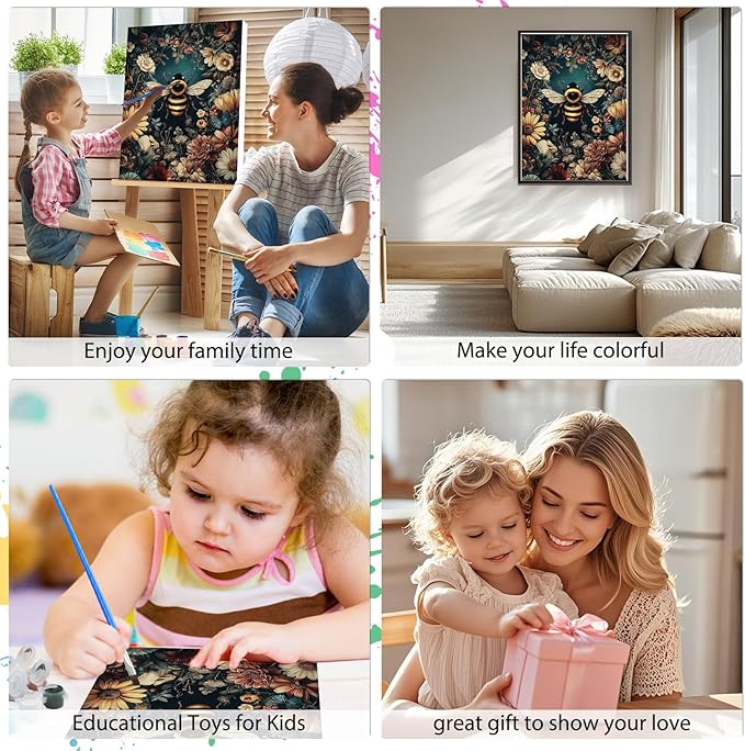 EOBROMD Framed Paint by Numbers Kits for Adults - Wooden Easel, Bee Flowers DIY Kits Crafts for Beginner, Painting on Stretched Canvas, Oil Paint by Numbers for Home Decor Gift 10x14 Inch
