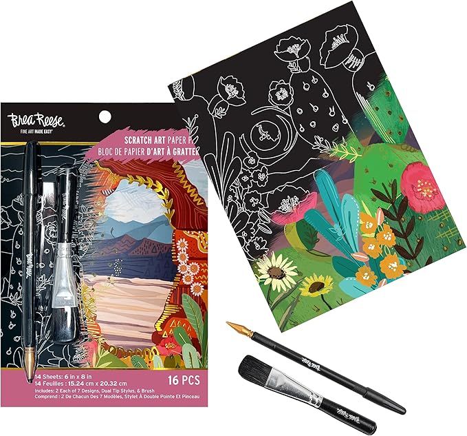 Brea Reese: Scratch Art Paper Pad - Arches & Canyons - 14 Sheets, 7 Guided Art Designs, Metallic Accents, Stylus & Brush, 6x8 Pages, DIY Adult Craft