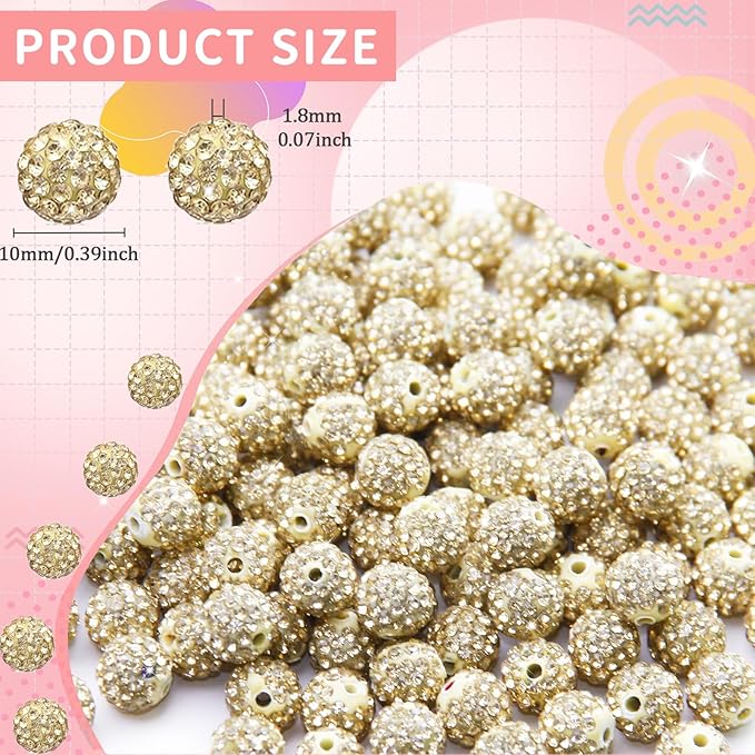 150 Pcs 10mm Rhinestone Beads for Jewelry Making, Light Yellow Shiny Round Shamballa Disco Baseball Necklace Beads Sparkle Crystal Clay Pave Rhinestones Bead for DIY Bracelet Earring Making Supplies