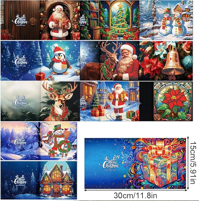 12 Packs DIY 5D Diamond Paint Christmas Cards, Xmas Santa Claus Elk Diamond Art Greeting Cards, Gem Art Christmas Ornaments for Adults Beginners Holiday Gift
