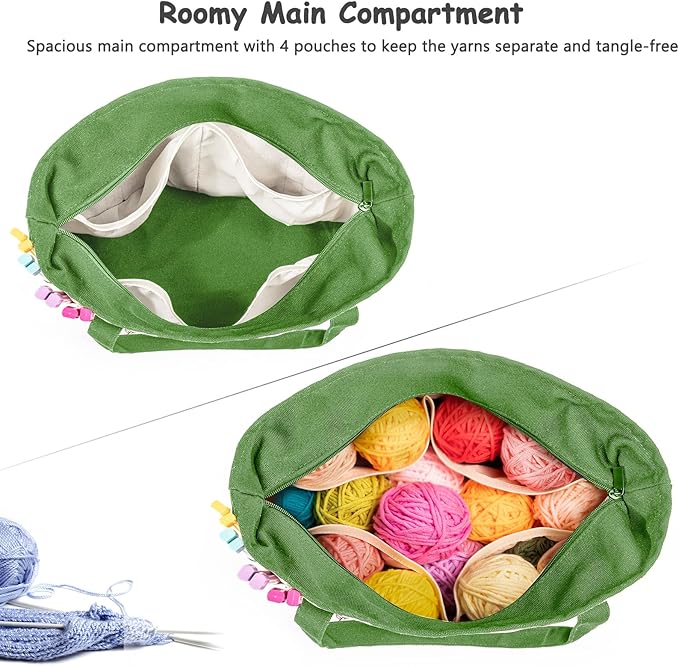 Canvas Yarn Storage Organizer Bag Washable Crochet Bag with Pockets for Yarn, Hooks, Needles – Travel Knitting Tote for Crafters – Gift for Crocheters & Knitters (Medium/Large)