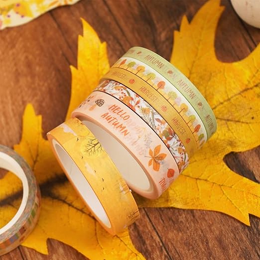 YUBX Autumn Washi Tape Set 18 Rolls Fall Printed Embellishment Yellow Decorative Masking Tapes for Arts, DIY Crafts, Journals, Planners, Scrapbook, Wrapping
