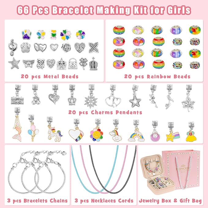 Hysagtek Charm Bracelet Making Kit - 66 Pcs DIY Jewelry Making Kit Bracelet Making Kit Beads Necklace Crafts for Teen Girls with Portable Bracelet Organizer Box, Rainbow