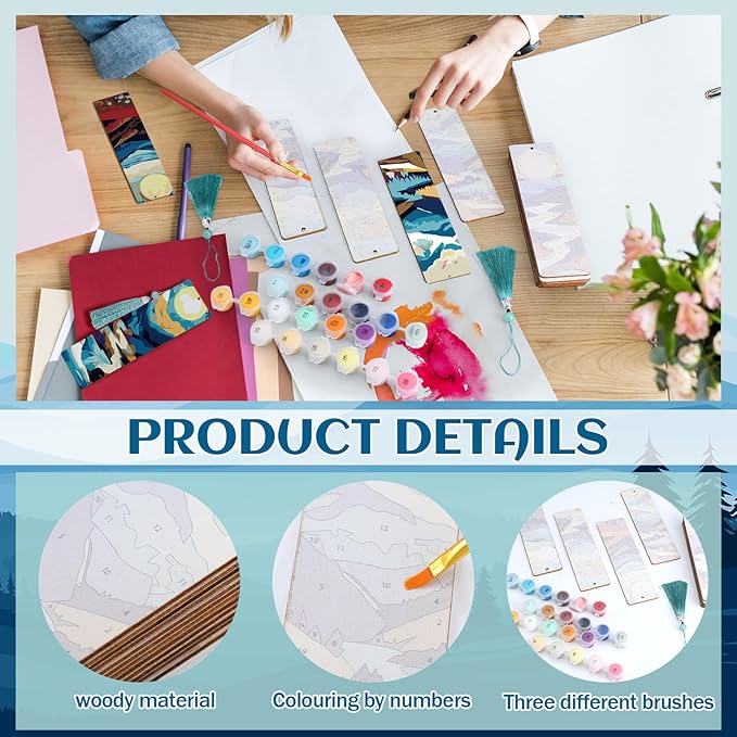 Kosiz 12 Pcs Mountain Paint by Numbers Kit for Adults Wood Bookmark Painting Decor Mini Paint by Numbers Kit Tassels Blank Bookmarks Craft for Small DIY Book Lovers Gift 7x2 ''