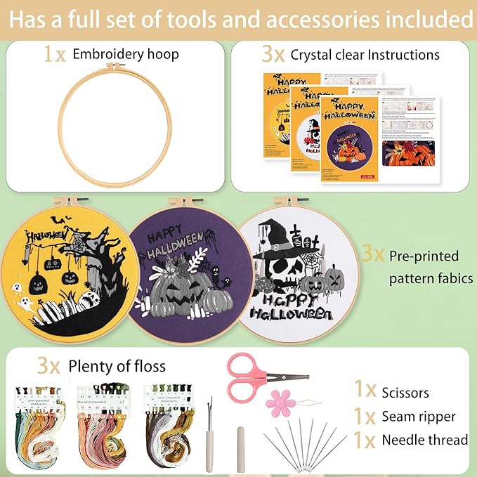 Ohcol 3 Sets Halloween Embroidery Kit,Needlepoint Kits for Adults with Clear Instructions