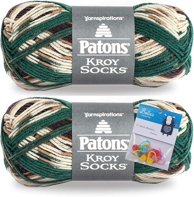 Patons Kroy Socks Yarn 2-Pack Bundle with Bella's Crafts Stitch Markers (Woodsie)