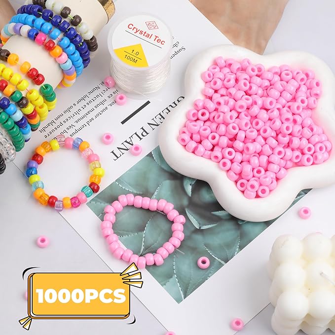 Plastic Pony Beads, 1000 Pcs, 6x9mm, for Bracelet, Hair Braiding, Friendship Bracelets, Jewelry Making (Pink)