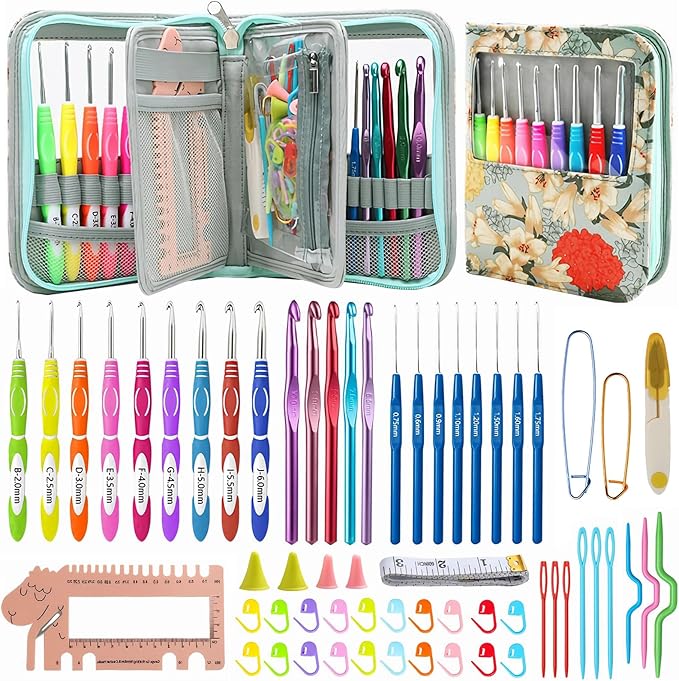 Dasonwin 60-Piece Ergonomic Crochet Hooks Set with Travel Case - Aluminum Crochet Needles Kit for Beginners & Experts, Arthritis-Friendly Design, Includes Stitch Markers & Accessories (Green)