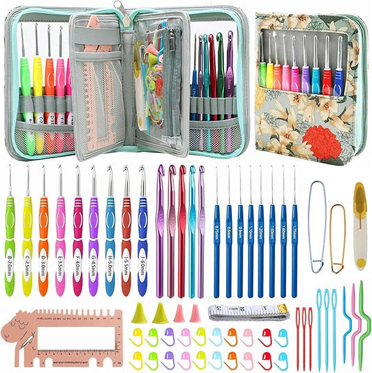 Dasonwin 60-Piece Ergonomic Crochet Hooks Set with Travel Case - Aluminum Crochet Needles Kit for Beginners & Experts, Arthritis-Friendly Design, Includes Stitch Markers & Accessories (Green)