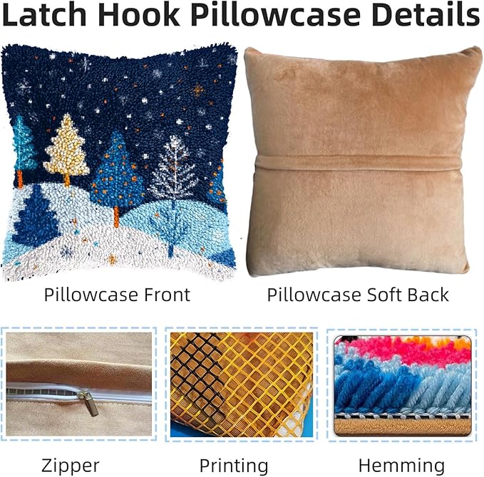 DIY Latch Hook Pillow Kits for Adults Merry Christmas Winter Snow Pine Tree Pillow Cover Printed Pillowcase Crochet Yarns Hooking Handmade Cushion for Home Sofa Decoration 17x17inch(5)