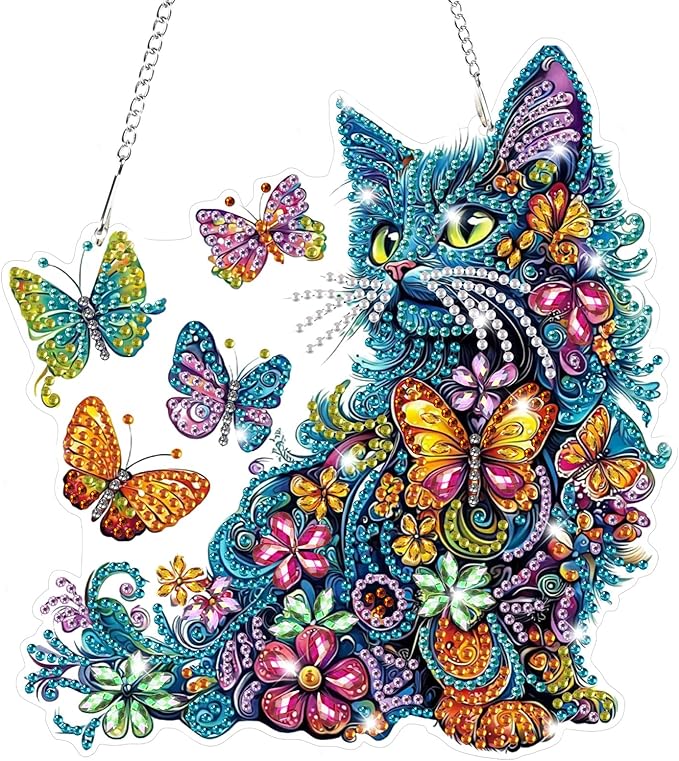 Bowetile Colorful Cat Diamond Art Hanging Kits for Adults, 5D Special Shape Diamond Painting Cats Window Pendant Kits, Animal Gem Art Suncatchers Ornament for Home Garden Wall Decor