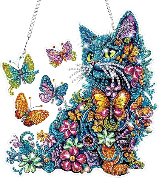 Bowetile Colorful Cat Diamond Art Hanging Kits for Adults, 5D Special Shape Diamond Painting Cats Window Pendant Kits, Animal Gem Art Suncatchers Ornament for Home Garden Wall Decor