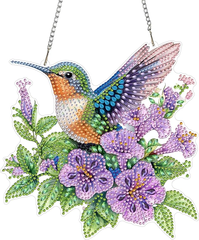 KEYIFA Hummingbird Diamond Painting Kit, DIY Flower Diamond Art for Adults, Diamonds Painting Pendant Special Shaped Rhinestone Window Hanging Ornaments Home Garden Wall Door Decoration, 20cm Width