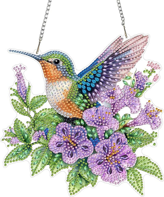KEYIFA Hummingbird Diamond Painting Kit, DIY Flower Diamond Art for Adults, Diamonds Painting Pendant Special Shaped Rhinestone Window Hanging Ornaments Home Garden Wall Door Decoration, 20cm Width