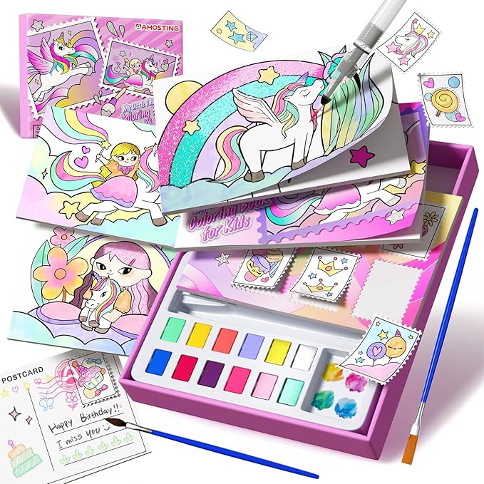 AMOTING Paint with Water Coloring Books for Toddlers, Mess Free Watercolor Painting Set for Kids Ages 3-8, Art Craft Drawing Toy, Birthday & Christmas Gift for Girls & Boys (Magical Unicorn)