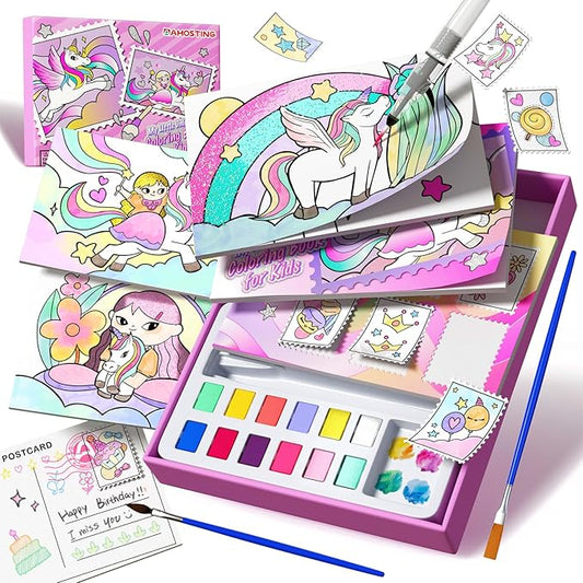 AMOTING Paint with Water Coloring Books for Toddlers, Mess Free Watercolor Painting Set for Kids Ages 3-8, Art Craft Drawing Toy, Birthday & Christmas Gift for Girls & Boys (Magical Unicorn)
