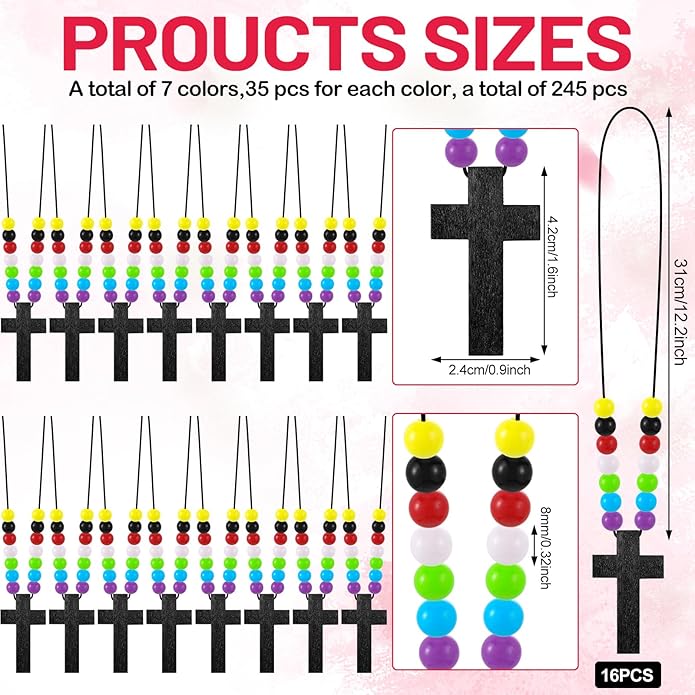 Kathfly DIY Wood Cross on Cord Pendant Necklace Sunday School Crafts for Kids Wood Cross Necklace with Colorful Beads Religious Party Favor for Vbs Church Easter Gifts