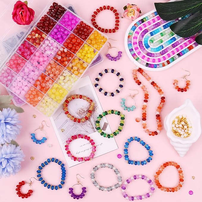 1200PCS Abacus Glass Beads for Jewelry Making, 48 Colors Gemstone Rondelle Beads for Bracelets Making Kit, Crystal Bead for Necklace DIY Crafts, 5x8mm, Solid, Crackle, Gradient Colors