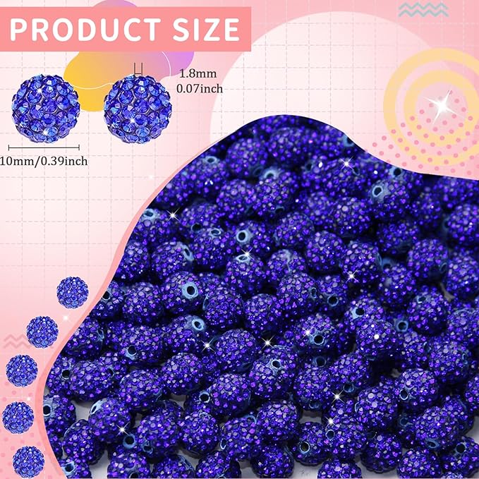100 Pcs 10mm Rhinestone Beads for Jewelry Making, Dark Blue Shiny Round Shamballa Disco Baseball Necklace Beads Sparkle Crystal Clay Pave Rhinestones Bead for DIY Bracelet Earring Making Supplies
