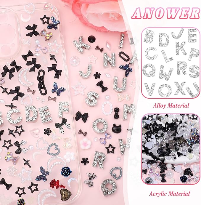 330 Pcs Junk Phone Case Charms 26 Pcs A-Z Rhinestone Alphabet Letter Charm, Mix Black White Flower Bow Heart Pearls Flatback Resin Charms Letter Junk Cases Kit for DIY Crafts