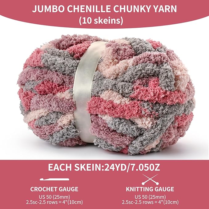 10 Pack Jumbo Chunky Yarn for Hand Knitting, Fluffy Variegated Chunky Chenille Yarn for Crocheting, 240yds/70.5oz Super Bulky Soft Crochet Baby Blanket Yarn(Grey-Pink-Purple)