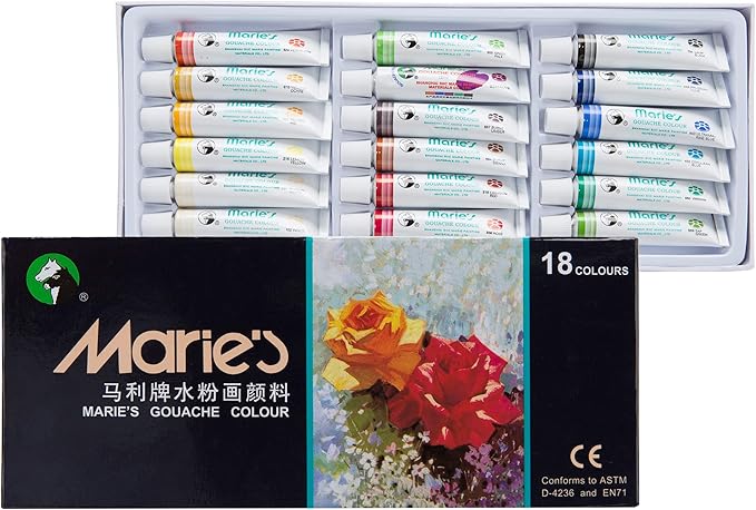 Marie's Artist Gouache Paint Sets - Highly Pigmented Gouache for Painting, Artists, Illustrators & Designers - Set of 18 Assorted Color Tubes (12mL/0.4oz)
