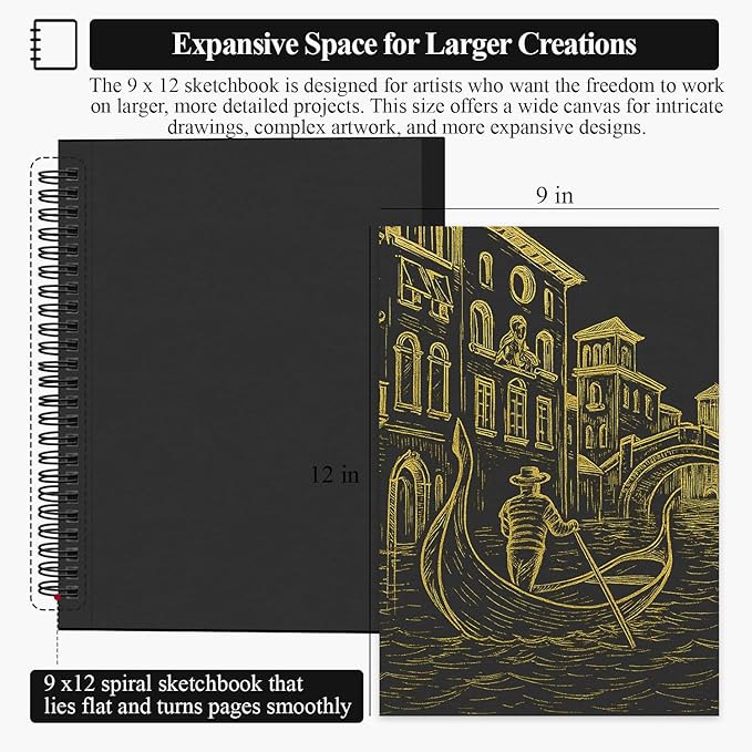 sufly black paper notebook, 60 sheets spiral bound sketch book 9x12, 90lb/150gsm black art paper for drawing and painting.