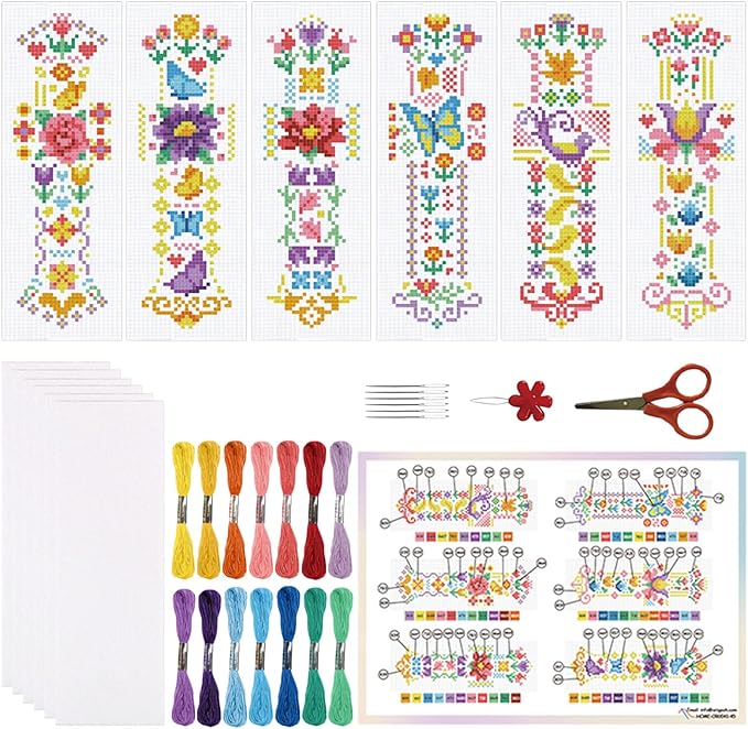 ORIGACH 6 Pcs Cross Stitch Bookmark Kit for Beginner Adults, Spring Flowers Stamped Embroidery Bookmark Kit with Instruction for Starters for Book Lovers
