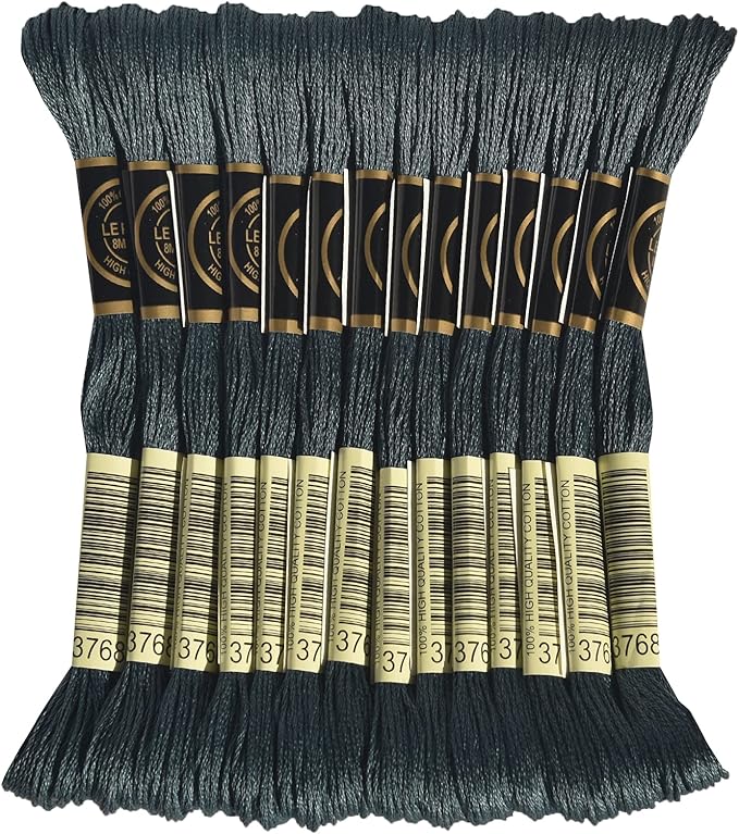 LE PAON Embroidery Floss, 14-Pack Six Strands 100% Long Staple Cotton Embroidery Thread, 8.7-Yard，Color Number：3768, Dark Grey Green