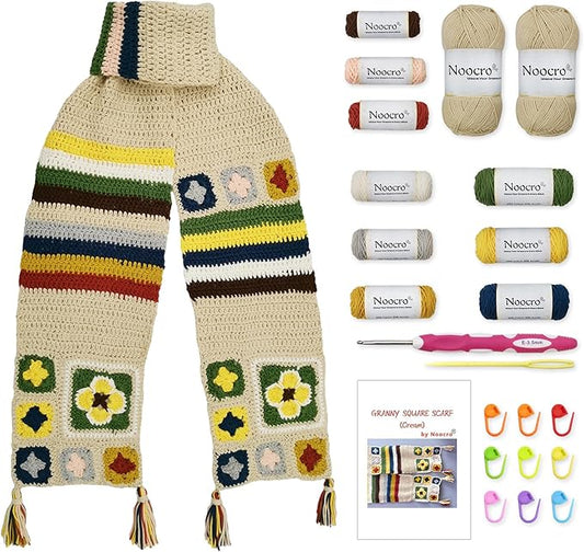 Noocro Granny Square Scarf Crochet Kit – Complete Yarn Kit with Crochet Hook, Markers, and Other Accessories, Detailed Instruction & Video Tutorial – for Intermediate or Ambitious Beginners