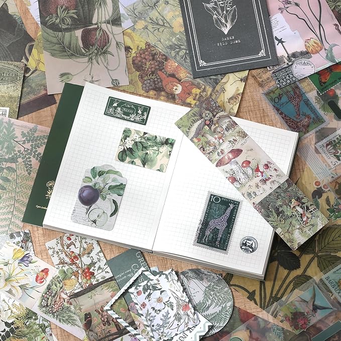 Scrapbook Photo Album Supplies Kit with Tweezers and Glue Tape, Green Aesthetic Vintage Junk Journal Scrapbooking Paper, Sticker Pack, Notebook Craft Supplies, DIY Gift for Adult Men Women (Wild Dome)