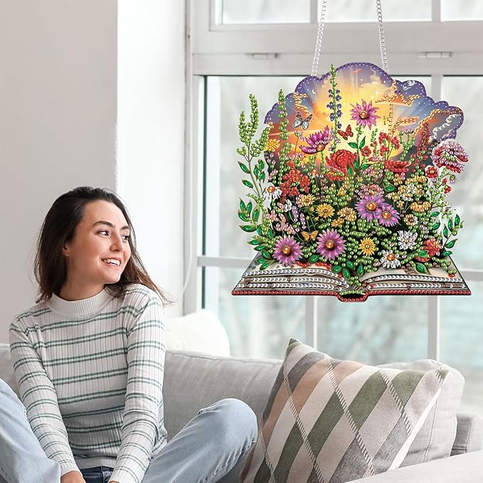 Yomiie Book Flowers Sun Catcher Window Hanging - DIY Double Sided Bouquets Diamond Painting Pendant Kit, Acrylic Diamonds Art Ornament for Front Door Sign & Indoor/Outdoor Garden Decor(8x8 inch)