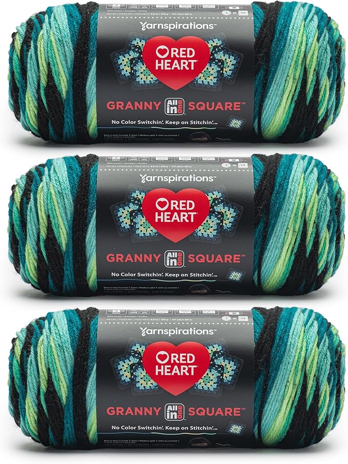 Red Heart All in One Granny Square Black- Cyber Leaf Yarn - 3 Pack of 250g/8.8oz - 100% Acrylic - #4 Worsted (Medium) - 381m/417Yards - for Knitting, Crochet and Amigurumi