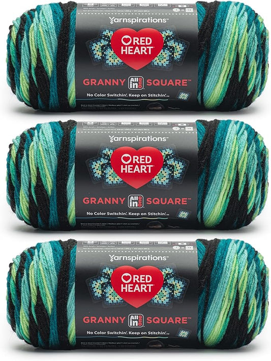 Red Heart All in One Granny Square Black- Cyber Leaf Yarn - 3 Pack of 250g/8.8oz - 100% Acrylic - #4 Worsted (Medium) - 381m/417Yards - for Knitting, Crochet and Amigurumi