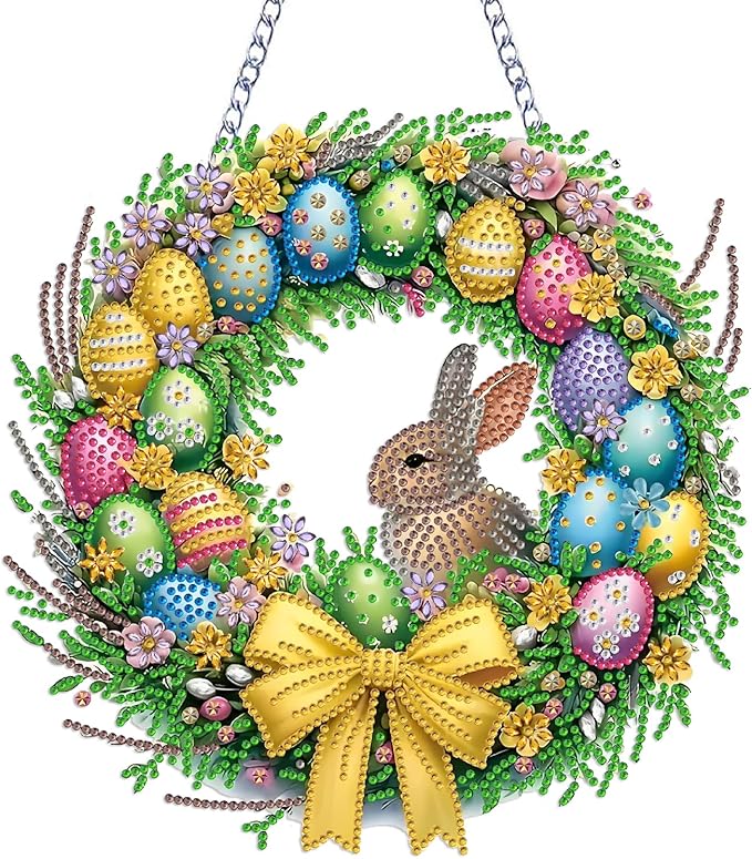 Rabbit Easter Egg Diamond Art Hanging Kit for Adult,Special Shaped Rhinestone,Double Sided DIY Acrylic 5D Diamond Art Painting Window Pendants Home Garden Wall Hanging Kits Ornament 9.44inch