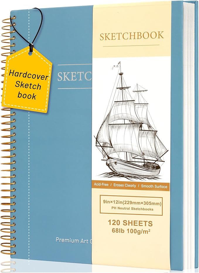 9 x 12 inches Hardcover Sketchbook for Drawing 120 Sheets Spiral Bound Sketch Pad Premium Art Sketchbook Artistic Drawing Painting Writing Paper(68lb/100gsm) for Kids Adults Beginners Artists, Blue